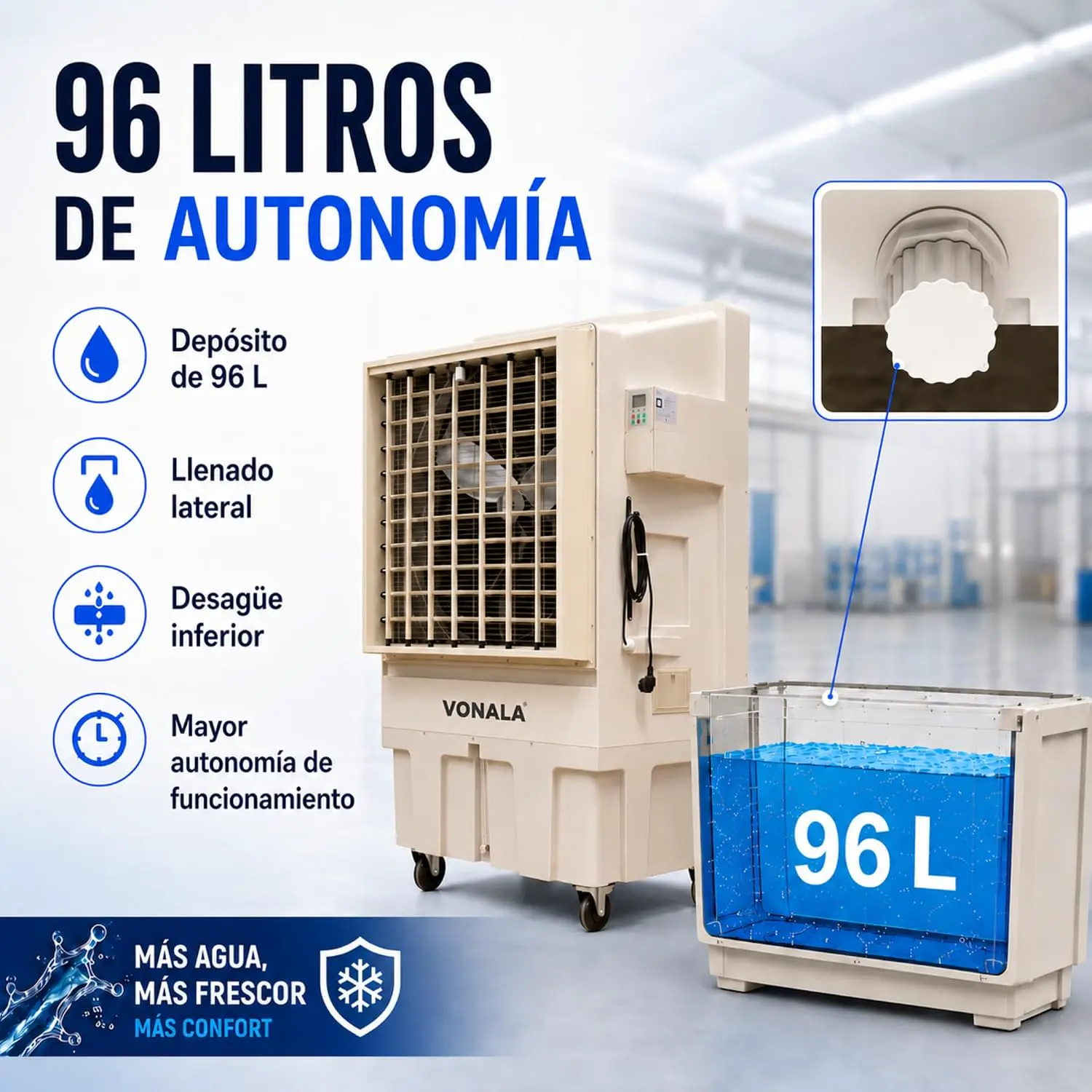 VONALA IC18000 Industrieller Verdunstungsluftkühler – professioneller Luftkühler, 96 l Tank, 18.000 m³/h Luftdurchsatz, 200 m² Abdeckung, tragbare Industrielle vue 4