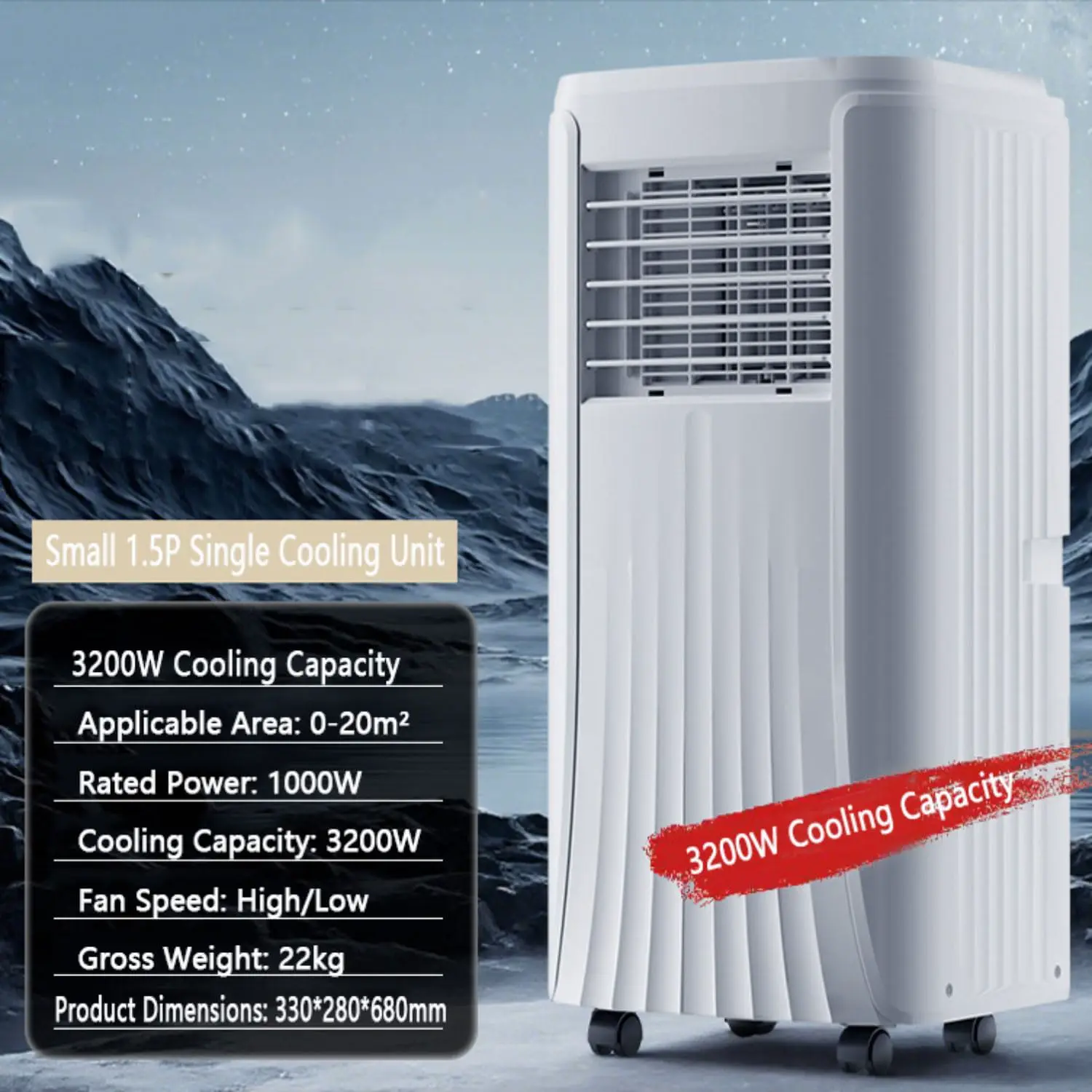 Tragbarer Luftkühler für fensterlose Räume, 3-in-1 Ventilator und Luftbefeuchter, Fernbedienung, 1L Wassertank, 24H Timer, Perfekt für Schlafzimmer und Wohnräume vue 4